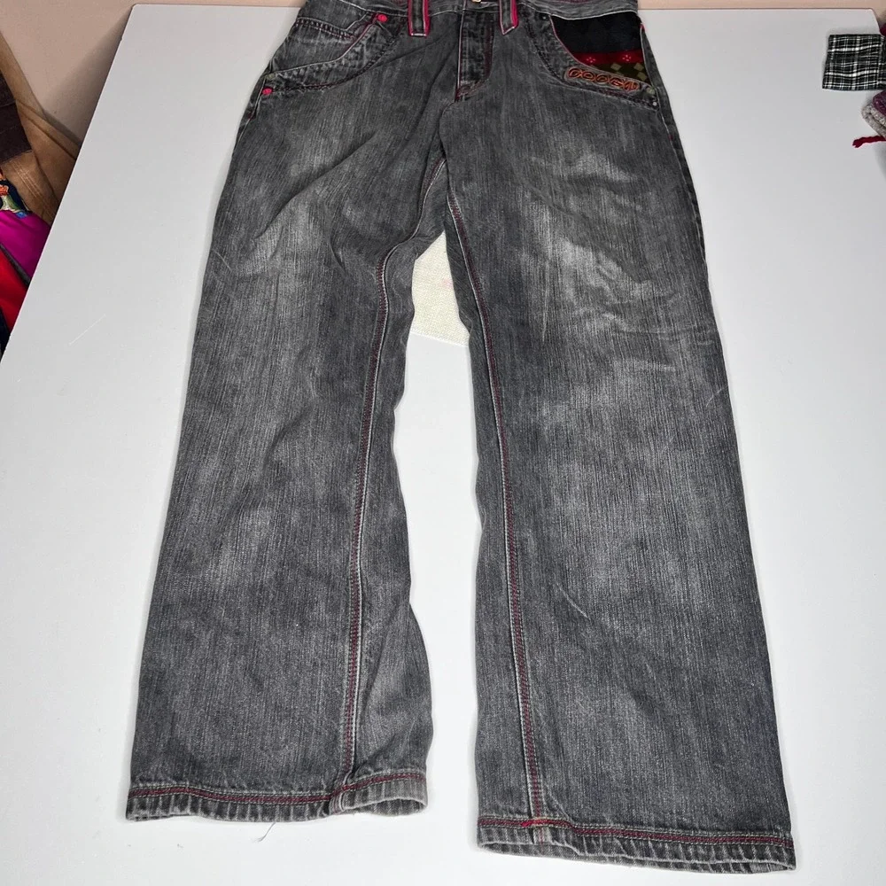 Coogi Jeans‎ Mens 36x34 Black Faded Denim Embroidered Patchwork Straight Leg Y2K